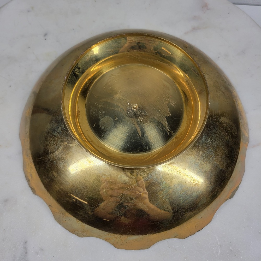 Hand Painted Brass Pedestal Bowl Trinket Floral Catch All Scalloped Rim Vintage - Picture 7 of 16